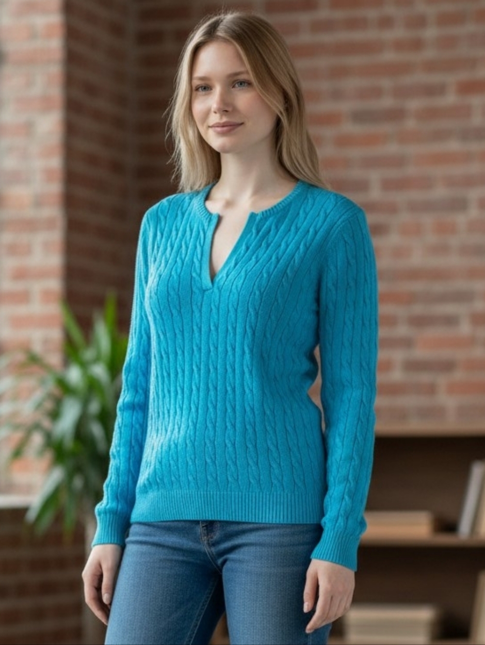 Lauren Ralph Lauren Teal V-Neck Cable Knit Sweater